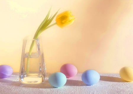 A touch of Easter - pastel eggs, mauve, yellow, pink, blue, easter, tulip