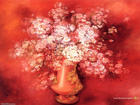 Flowers - flowers, vase, red, paint