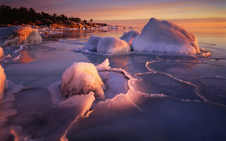 Frozen sunset - beautiful, scenary, landscape, sea, ocean, ice, sunset, nature, awesome, view, rocks