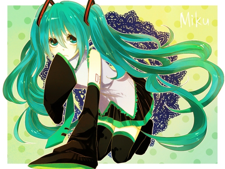 Hatsune Miku - aqua, music, thighhighs, anime girl, white, art, purple, yellow, cool, aqua eyes, artistic, hatsune miku, skirt, song, vocaloids, program, vocaloid, beautiful, uniform, diva, nice, beauty, twintail, singer, aqua hair, black, virtual, pretty, idol, anime, miku, cute, girl, shy, cg, hatsune, tie, digital, awesome, gray