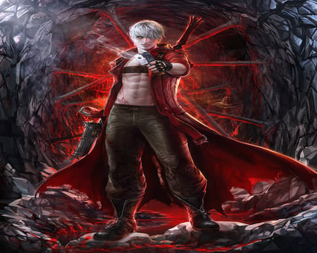 Dante - male, hot, swords, capcom, video game, fire, game, katana, dante, guns, devil may cry, white hair