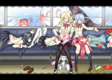 Chilling - seifuku, red hair, mahou shoujo madoka magica, beauties, blue hair, sakura kyouko, school girls, pink hair, anime girl, akemi homura, swor, beautiful, hot, miki sayaka, beauty, kyuubee, school uniform, kaname madoka, cute, sexy, charlotte