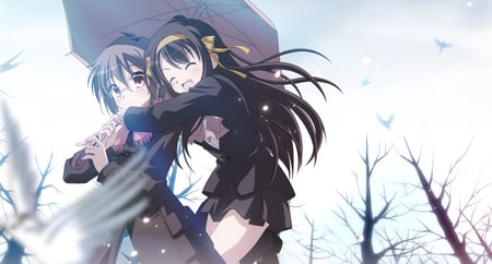 Suzumiya Haruhi and Nagato Yuki - brown eyes, suzumiya haruhi, trees, seifuku, brown hair, long hair, short hair, umbrella, glasses, nagato yuki, gray hair, suzumiya haruhi no yuutsu