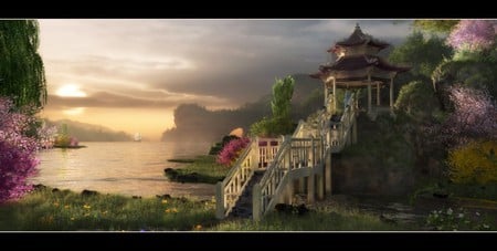 ORIENTAL SUNSET - ocean, forest, oriental, flowers, sunset, gazebo