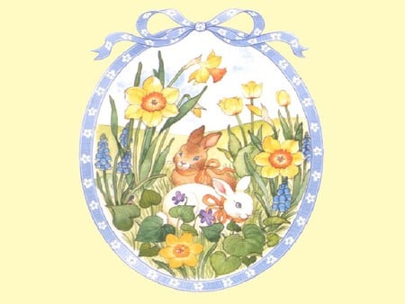 A pair of rabbits in the meadow - flowers, easter, bunnies, grass, meadow, bunny, hare