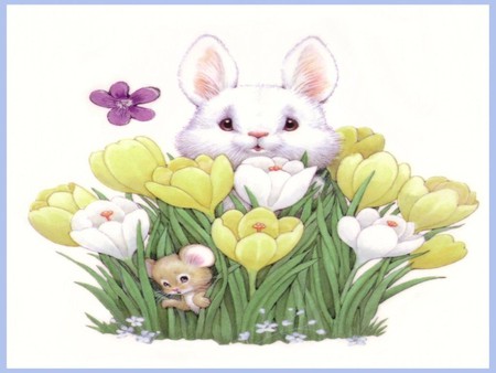 A shy look - flowers, easter, grass, mouse, bunny, hare