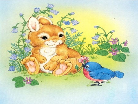 Bunny and bird - flowers, bunny, grass, bird