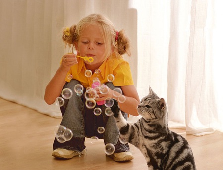 For the child within us all. - timeless, play, tabby, blonde, blowing bubbles, child, paw, whiskers, childhood, girl, playing, cat, soap, colours, intent, bubbles, blowing