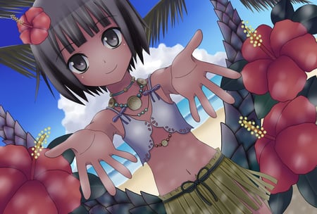 give me a Hug - trees, anime girl, beach, beautiful, hot, beauty, tagme, taka tsmix, flowers, short hair, cute, loli, sexy