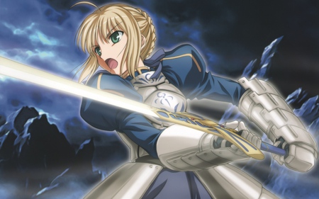 saber - fate, girl, blue, night, anime, stay