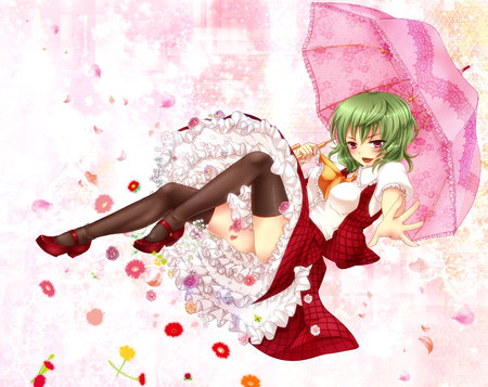 pink umbrella - pretty, pink umbrella, anime, dress, girl, green hair, flowers, reaching, floating, cute, thigh highs