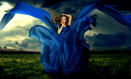 Stormy - woman, female, clouds, blue dress, field, brunette, stormy, grass