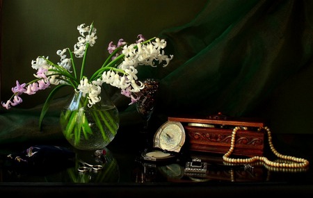 Treasures - pearls, jewelry, jewelry box, cuff link, ring, still life, vase, flowers, compact