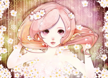 pinky - pretty, girl, anime, pink hair, flowers, cute, pink eyes