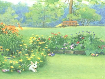 Easter at the park - eggs, bank, easter, tree, flowers, meadow, bunny