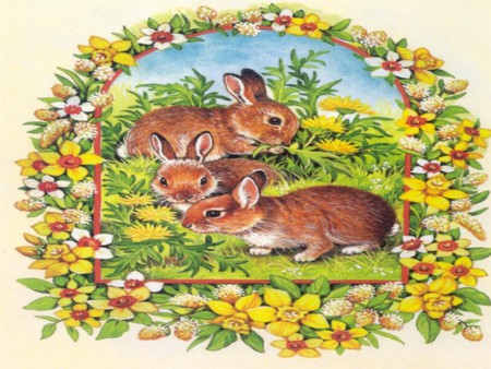 Three bunnies - easter, cute, bunnies, grass