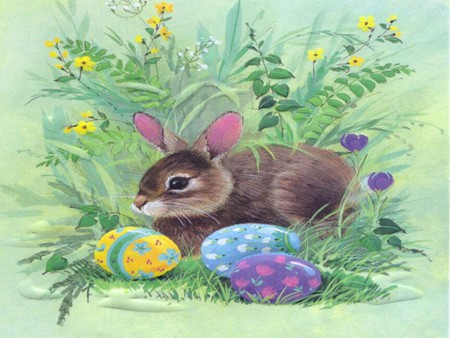 Hare with Easter eggs - flowers, grass, hare, easter eggs