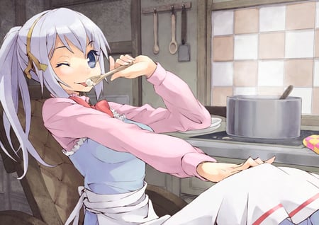 i love cooking ;) - wooden spoon, sitting, tasting food, kitchen, girl, blue eyes, apron, anime, wink, pot, cute, white hair