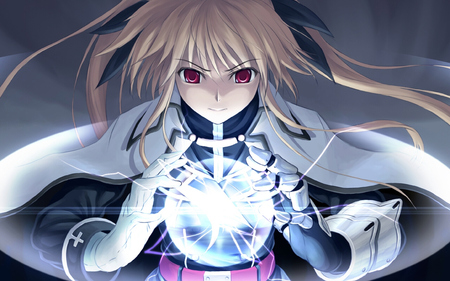 Covert the Energy - girl, ribbons, ponytail, fate testarossa, mahou shoujo lyrical nanoha, black, red eyes, blonde hair, anime, manga