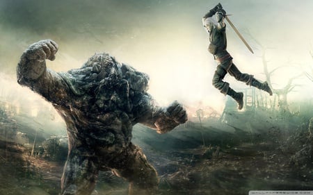 Final Attack - warrior, fighting, cg, monster, giant, the witcher, hd, action, adventure, video game, demon