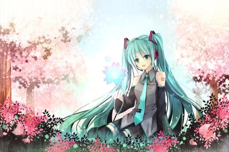 Hatsune Miku - sitting, aqua, sun, headset, music, thighhighs, anime girl, white, art, cool, petals, aqua eyes, artistic, hatsune miku, skirt, song, vocaloids, program, sakura, vocaloid, pink, beautiful, blush, uniform, diva, beauty, nice, sky, twintail, singer, aqua hair, black, virtual, painting, pretty, clouds, idol, anime, green, miku, cute, cherry blossom trees, sunlight, girl, drawing, cg, hatsune, cherry blossom festival, sakura festival, sakura trees, microphone, headphones, blue, singing, scenery, tie, awesome, flowers, digital, gray