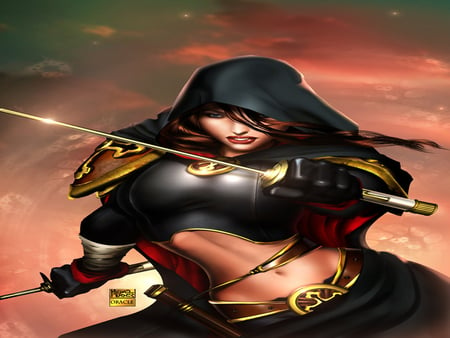 Magdalena - female, warrior, image, swords, cape, dark, cg, big breasts, fantasy, woman, magdalena, 3d