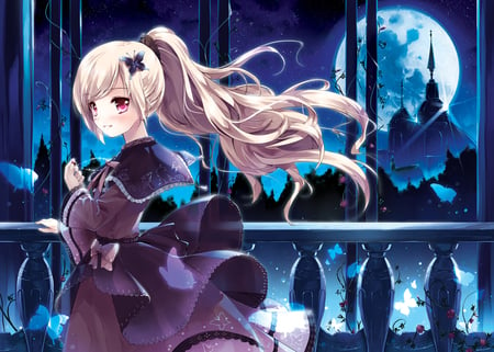 dark night - moon, anime, girl, sea, long hair, dark