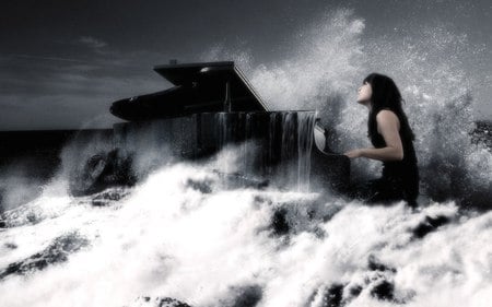 Pianul din valuri - white, pian, girl, black, waves