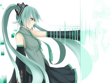 Hatsune Miku - aqua, hot, music, thighhighs, anime girl, white, art, cool, aqua eyes, artistic, hatsune miku, skirt, sexy, song, vocaloids, program, vocaloid, beautiful, uniform, diva, nice, beauty, twintail, singer, aqua hair, black, virtual, pretty, idol, anime, miku, cute, girl, cg, hatsune, wall, tie, digital, awesome