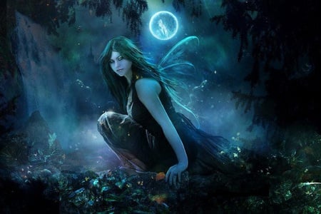 Midnight Clear - moon, girl, gothic, night, forest, dark, fantasy, woman, fairy