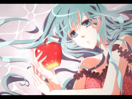 Vocaloid - hatsune miku, dres, long hair, aqua eyes, aqua hair, apple