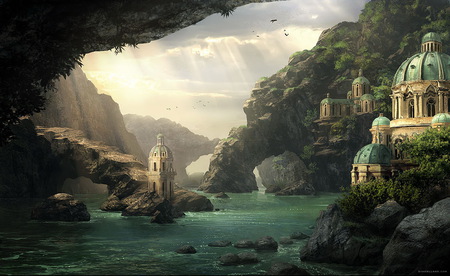 Peace Keepers - abstract, monastery, river, wallpaper, mountains, fantasy