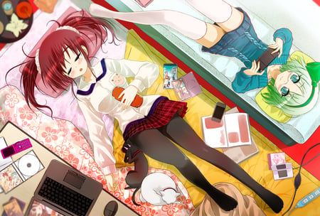 anime - sleep, animals, gat, anime, red hair