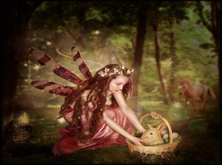 Easter Fairy (Happy Easter e1 on DN) - pretty, rabbit, beautiful, girl, spring, forest, horse, easter, flowers, basket, fantasy, easter eggs, woman, butterfly, fairy, woods