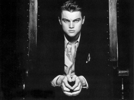 Leonardo DiCaprio - male, pretty blue eyes, actor, black and white pic, look, nice face, hair