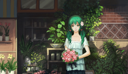 Hatsune Miku - aqua, music, anime girl, art, cool, pot, aqua eyes, artistic, hatsune miku, outift, song, flower house, vocaloids, program, vocaloid, pink, beautiful, leaves, greenhouse, diva, realistic, beauty, nice, windows, twintail, singer, aqua hair, rose, virtual, brown, pretty, idol, anime, green, house, miku, cute, clip, girl, realism, shop, cg, hatsune, real, flower ship, awesome, flowers, digital