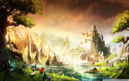 In Open Sky - heaven, trine, landscape, spring, cg, fantasy, wide, hd, castle, sky, video game