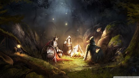 Story Campfire - warrior, video game, campfire, night, fantasy, fire, cg, hd, wide, trine, story, character