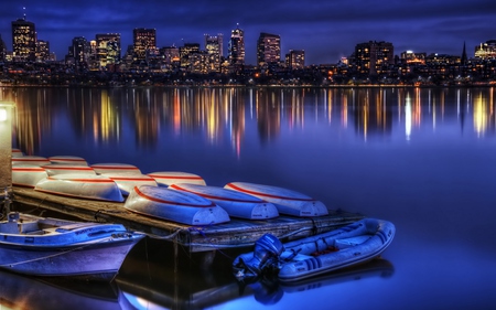 Boston - skyline, lights, boat, beautiful, skyscrapers, architecture, view, city, pier, nature, colorful, beauty, buildings, night, peaceful, blue, sky, building, houses, reflection, clouds, lovely, boston, house, sea, colors, boats