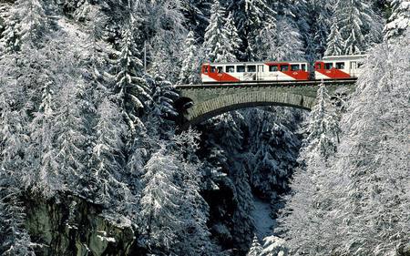 A tour in nature - season, trees, image, winter, nature, white, train, tour, wall, red, bridge, photograph, wallpaper picture, switzerland