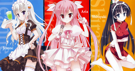 Hidan no Aria - aqua, hot, thighhighs, anime girl, white, cool, brunette, outift, sexy, beautiful, pink, maid, chinese, dress, nice, beauty, chinese oufit, kanzaki h aria, twintail, black, red eyes, pretty, anime, cute, hidan no aria, girl, pink hair, white dress, jeanne d arc, hotogi shirayuki, red, blue, awesome, white hair, blonde