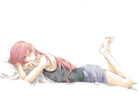 Megurine Luka - pretty, artistic, pink, luka, bed, pillow, nice, program, hot, thighhighs, megurine, beauty, virtual, cg, white, megurine luka, cute, aqua eyes, shorts, song, sexy, vocaloid, anime, blue, music, aqua, pink hair, art, idol, anime girl, laying, beautiful, singer, girl, cool, black, awesome, diva, digital, vocaloids