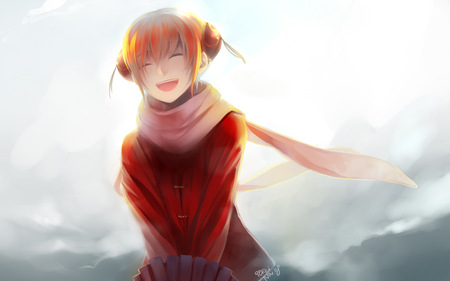 Kagura Gintama - gintama, sanonzakura, blushing, scarf, anime girl, red hair, cold, snow, smile, snowing, blush, cute, short hair