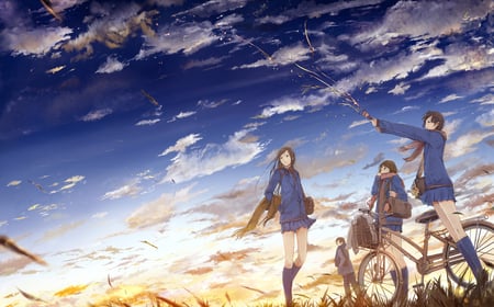 Time to Celabrate - beauty, anime girls, sky, sexy, hot, beauties, bicycle, stunning, pretty, clouds, beautiful, school girls, uniform, cute