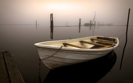 BOAT IN FOG - lake, water, fog, the boat, nature, dock, night