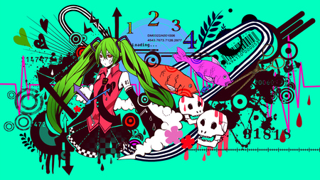 Hatsune Miku - skull, beauty, hatsune miku, sexy, hot, twintails, anime girl, hatsune, vocaloids, vocaloid, beautiful, miku, green hair, cute