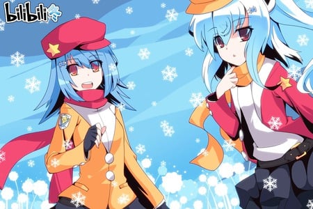 Anime - red eyes, blue hair, hat, blue, long hair, 2 girls