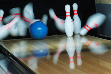 Blue Ball - ball, alley, people, pins, game, bowling