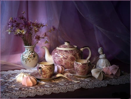 Tea and dessert - spoon, sweets, veil, girl, silk, saucer, cup, vase, teapot, pretty, pink, lace, kettle, dessert, flowers, porceline