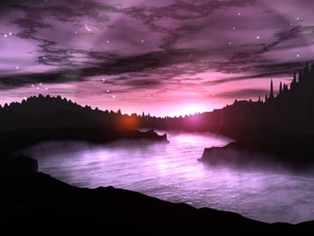 GLOWING - clouds, moon, forest, pink, stars, glowing, sunset, purple, lake, mountains, sky